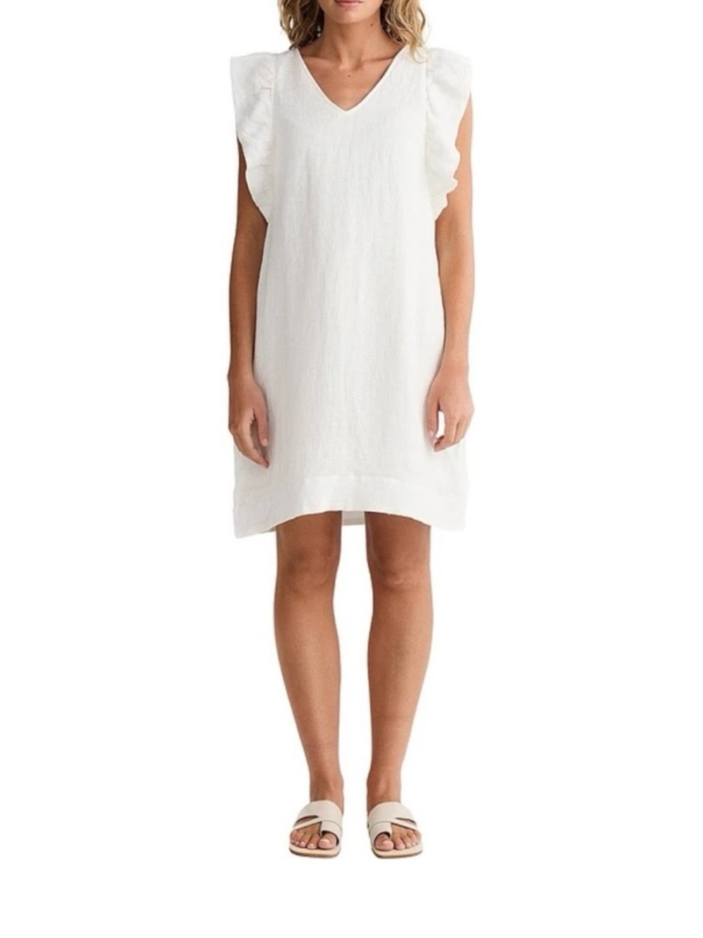 Brave + True - White, Linen, V-Neck, Ruffle Sleeve Dress